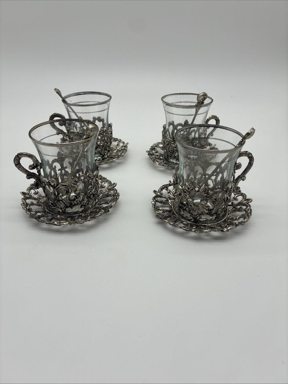 Vintage Turkish Tea Set of 4 - Saucers Cups Tea Spoons Glass Handmade RARE